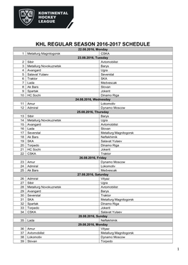 Khl Regular Season 2016-2017 Schedule