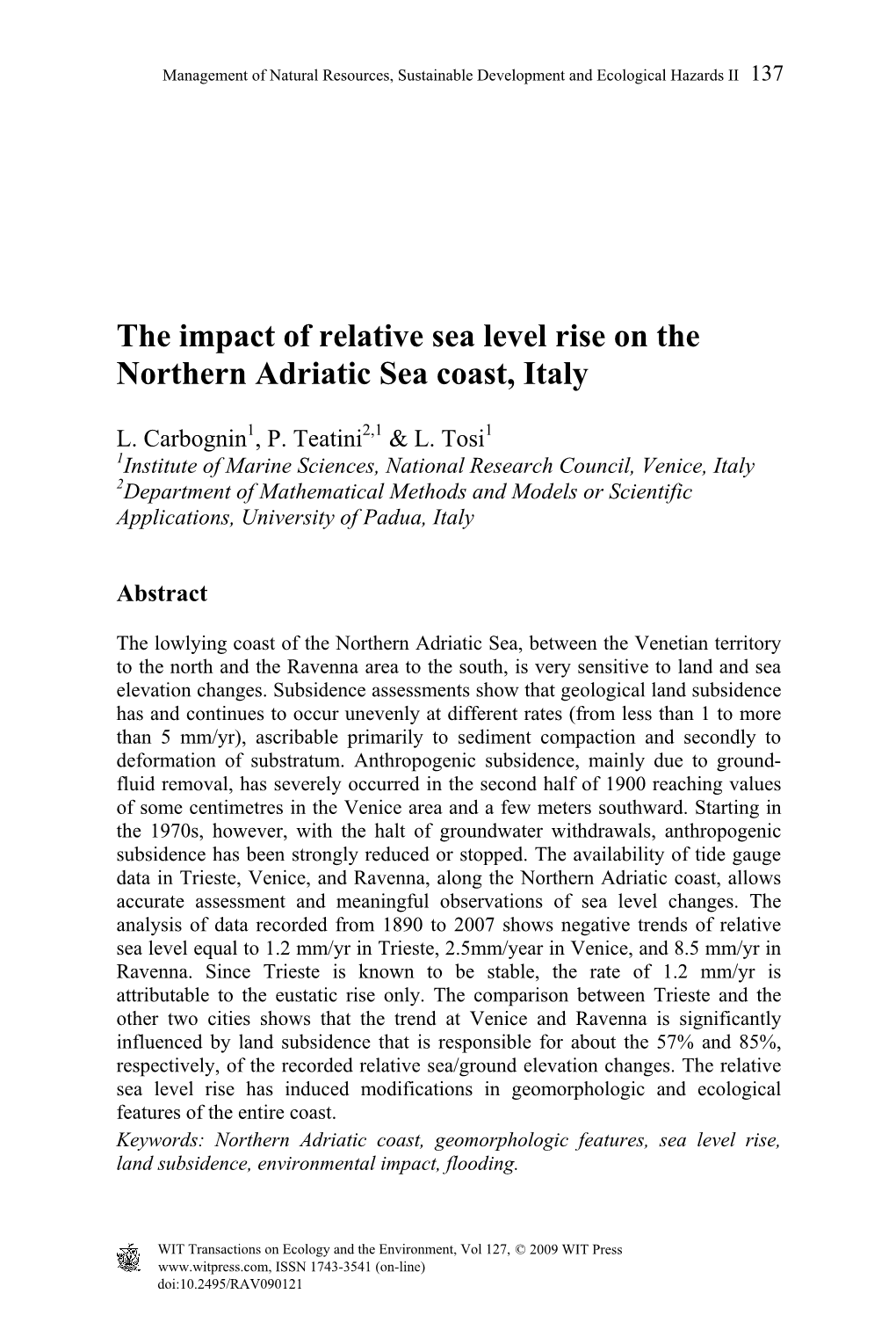 The Impact of Relative Sea Level Rise on the Northern Adriatic Sea Coast, Italy