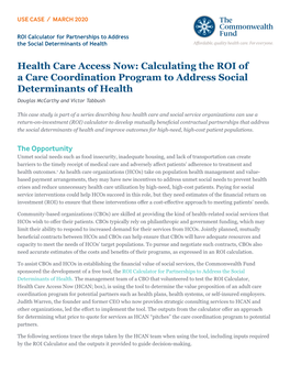 Calculating the ROI of a Care Coordination Program to Address Social Determinants of Health Douglas Mccarthy and Victor Tabbush