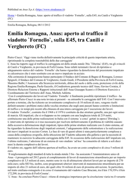 Emilia Romagna, Anas: Aperto Al Traffico Il Viadotto `Fornello`, Sulla E45, Tra Canili E Verghereto (FC)