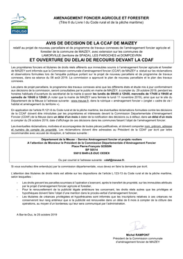 Avis De Decision De La Ccaf De Maizey Et Ouverture Du Delai De Recours Devant La Cdaf