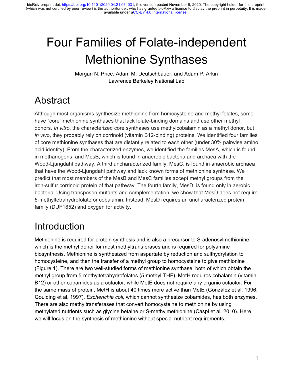 Four Families of Folate-Independent Methionine Synthases Morgan N