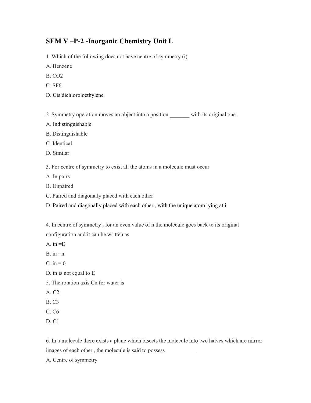 SEM V –P-2 -Inorganic Chemistry Unit I