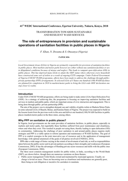 The Role of Entrepreneurs in Provision and Sustainable Operations of Sanitation Facilities in Public Places in Nigeria