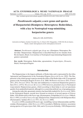 Parahiranetis Salgadoi, a New Genus and Species of Harpactorini (Hemiptera: Heteroptera: Reduviidae), with a Key to Neotropical Wasp-Mimicking Harpactorine Genera