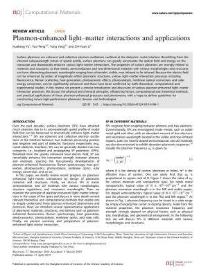 Plasmon-Enhanced Light–Matter Interactions and Applications
