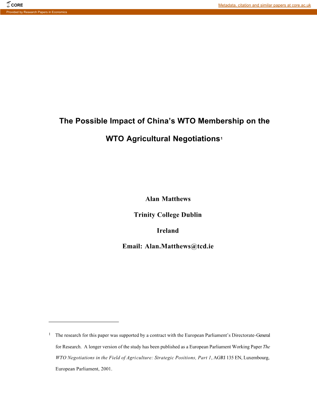 The Possible Impact of China's WTO Membership on the WTO