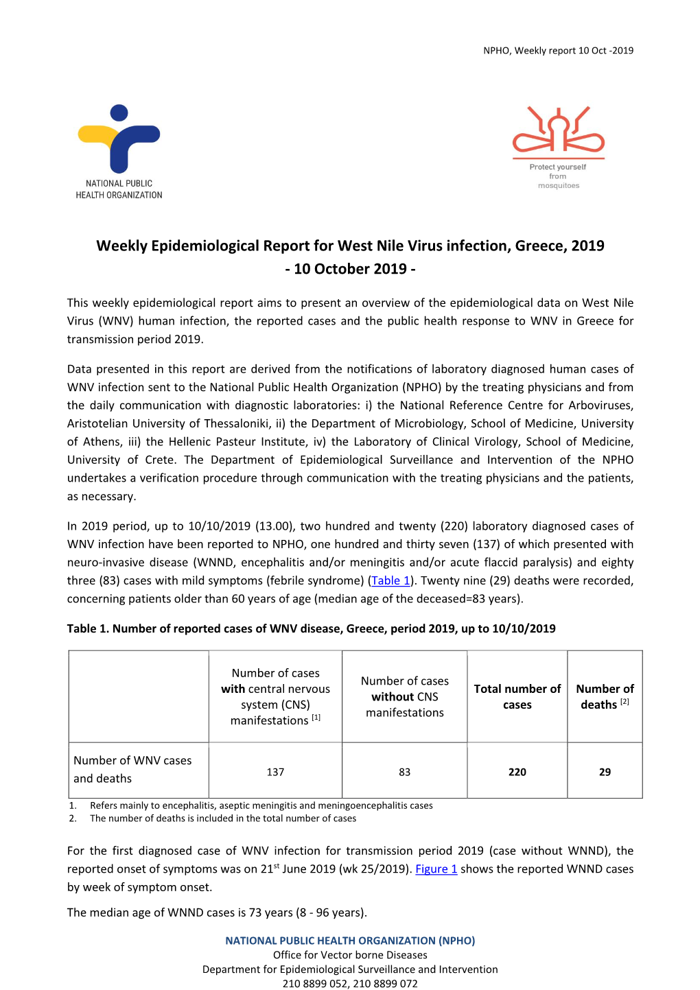 Weekly Epidemiological Report for West Nile Virus Infection, Greece, 2019 - 10 October 2019 - 1