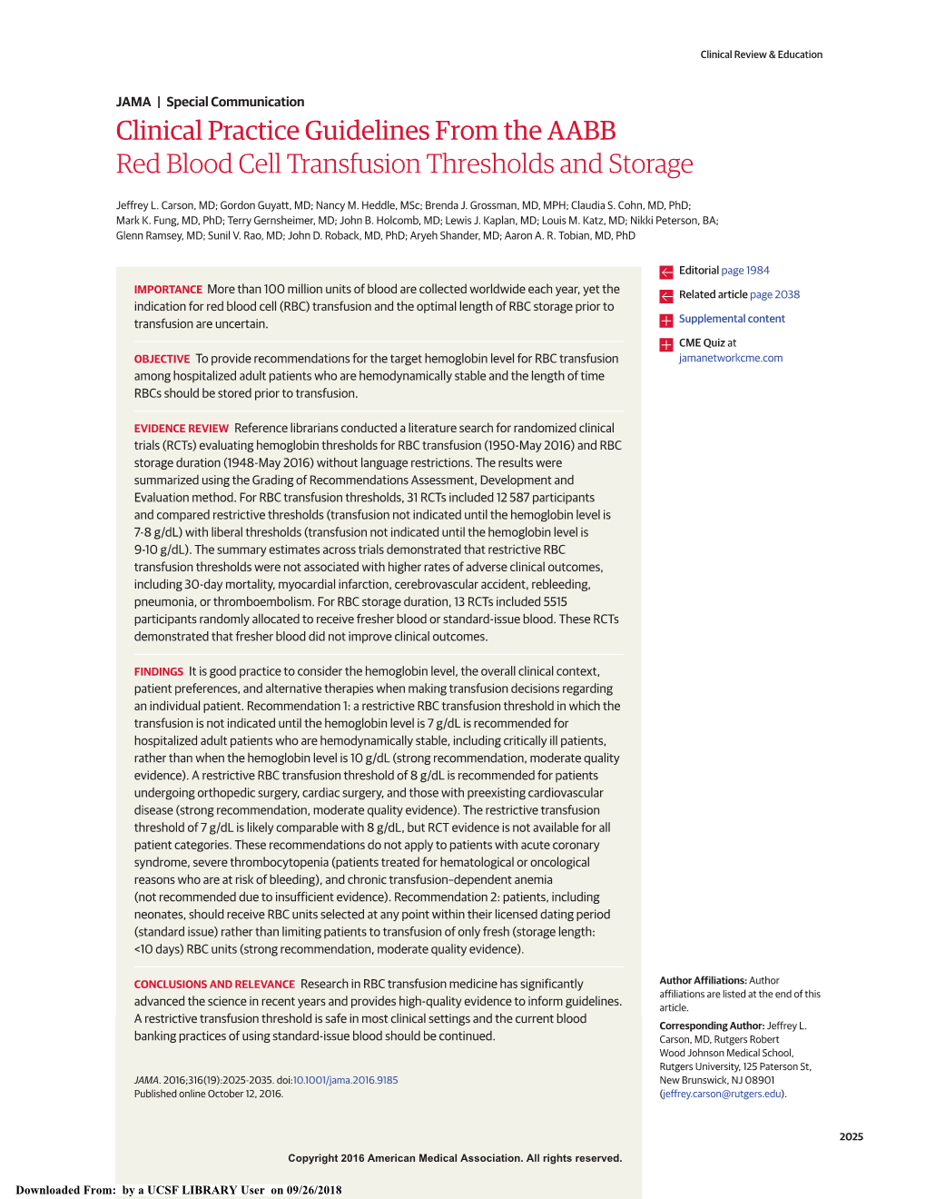 Clinical Practice Guidelines From The AABB Red Blood Cell Transfusion ...