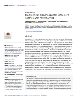 Monitoring of Alien Mosquitoes in Western Austria (Tyrol, Austria, 2018)
