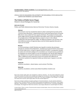 The Politics of Public Sector Wages Ontario's Social Dialogue for Austerity BRYAN EVANS