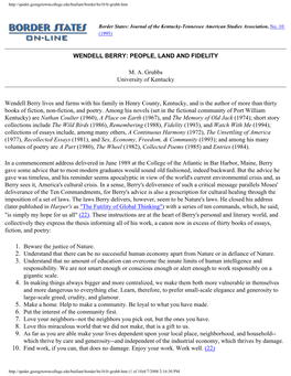 WENDELL BERRY: PEOPLE, LAND and FIDELITY MA Grubbs