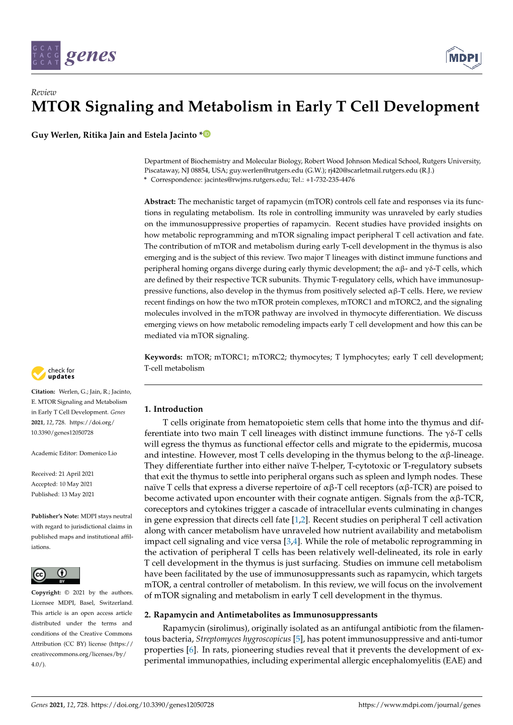 MTOR Signaling and Metabolism in Early T Cell Development