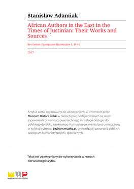 Stanisław Adamiak African Authors in the East in the Times of Justinian: Their Works and Sources