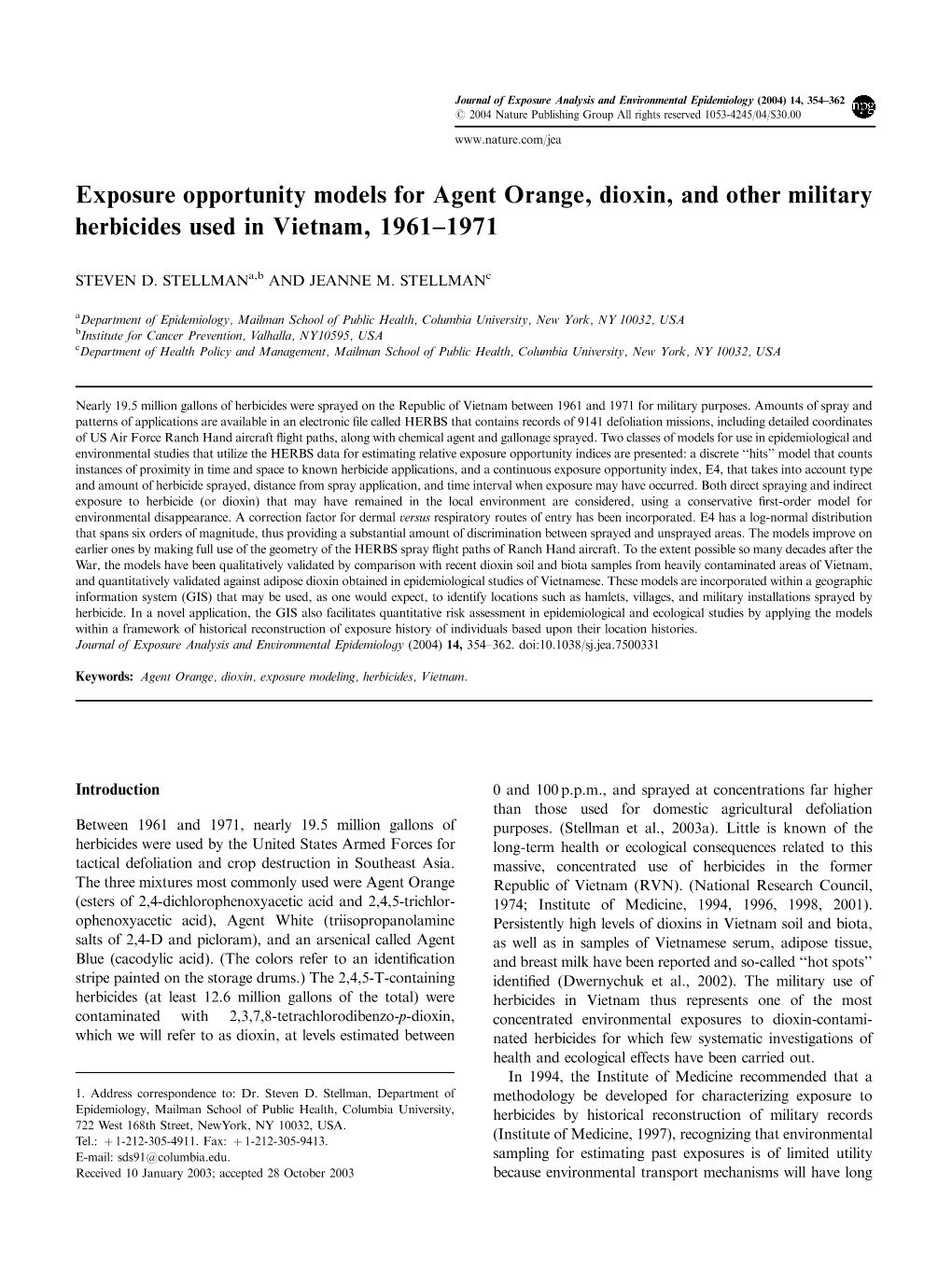 Exposure Opportunity Models for Agent Orange, Dioxin, and Other Military Herbicides Used in Vietnam, 1961–1971