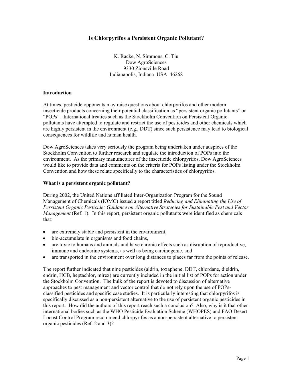 Is Chlorpyrifos a Persistent Organic Pollutant?