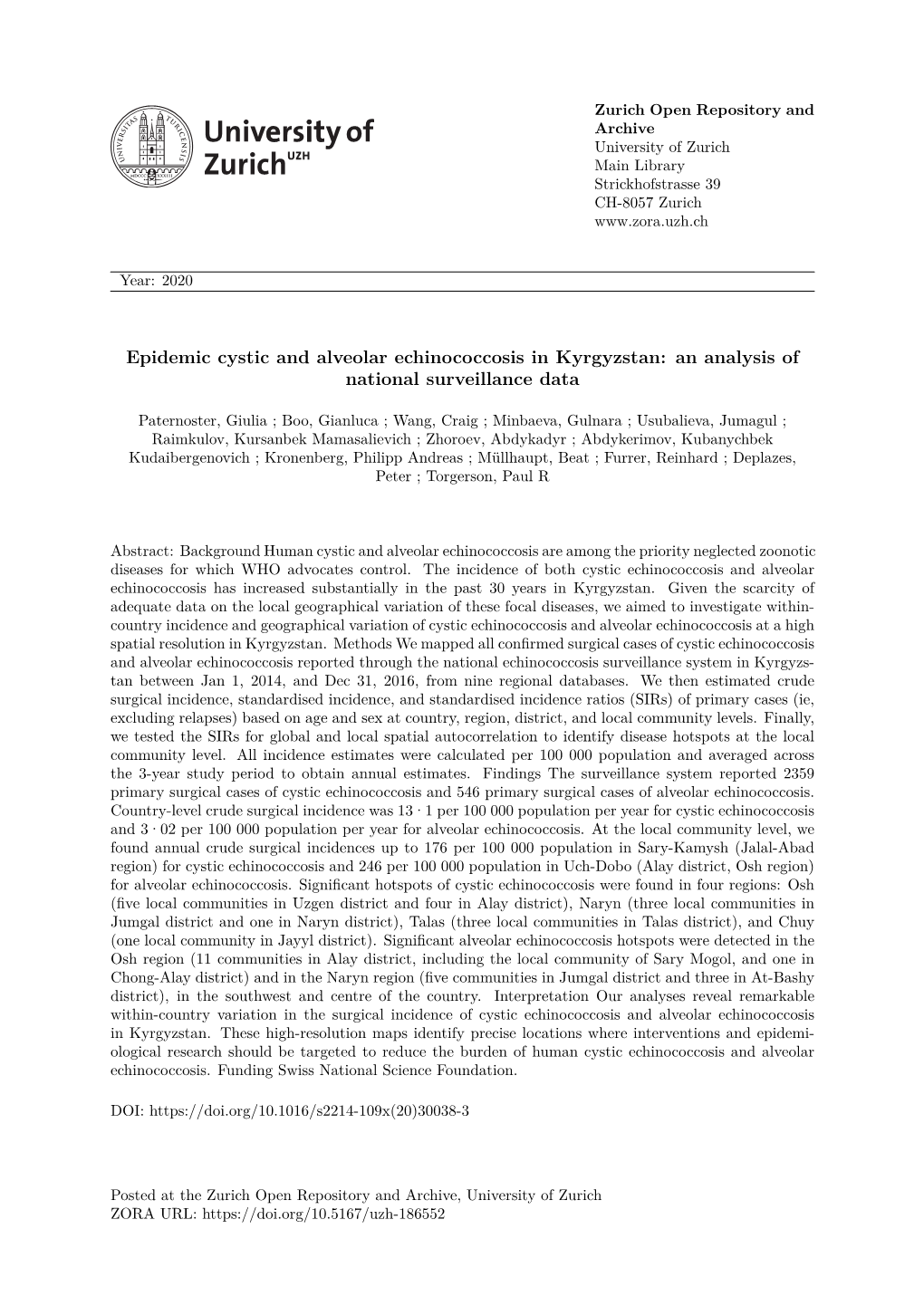 Epidemic Cystic and Alveolar Echinococcosis in Kyrgyzstan: an Analysis of National Surveillance Data