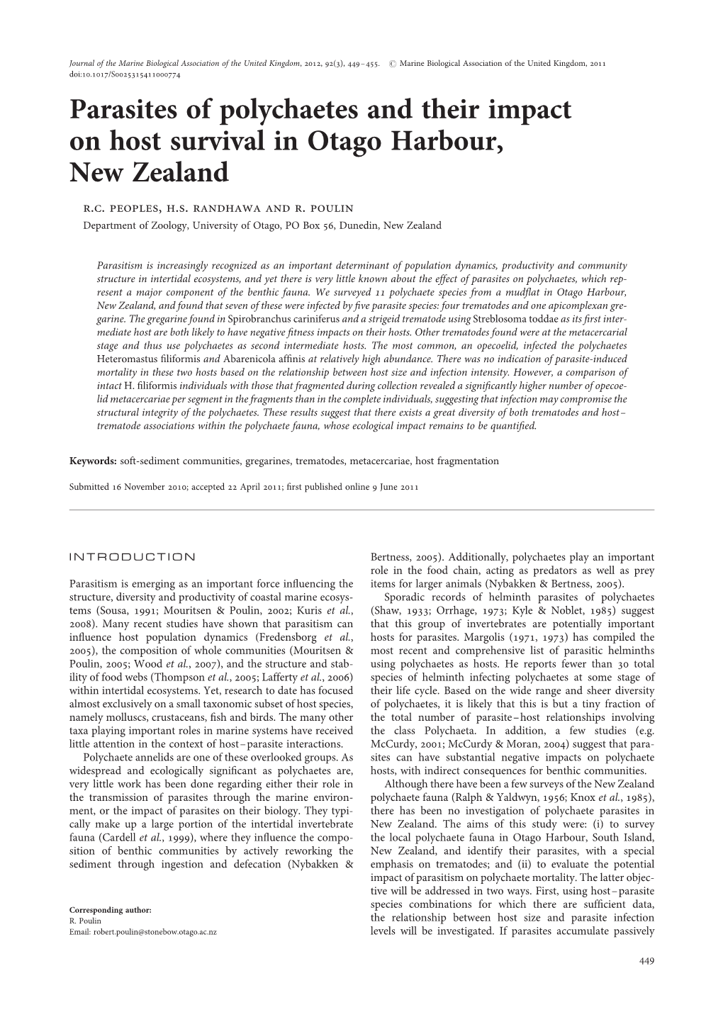 Parasites of Polychaetes and Their Impact on Host Survival in Otago Harbour, New Zealand R.C