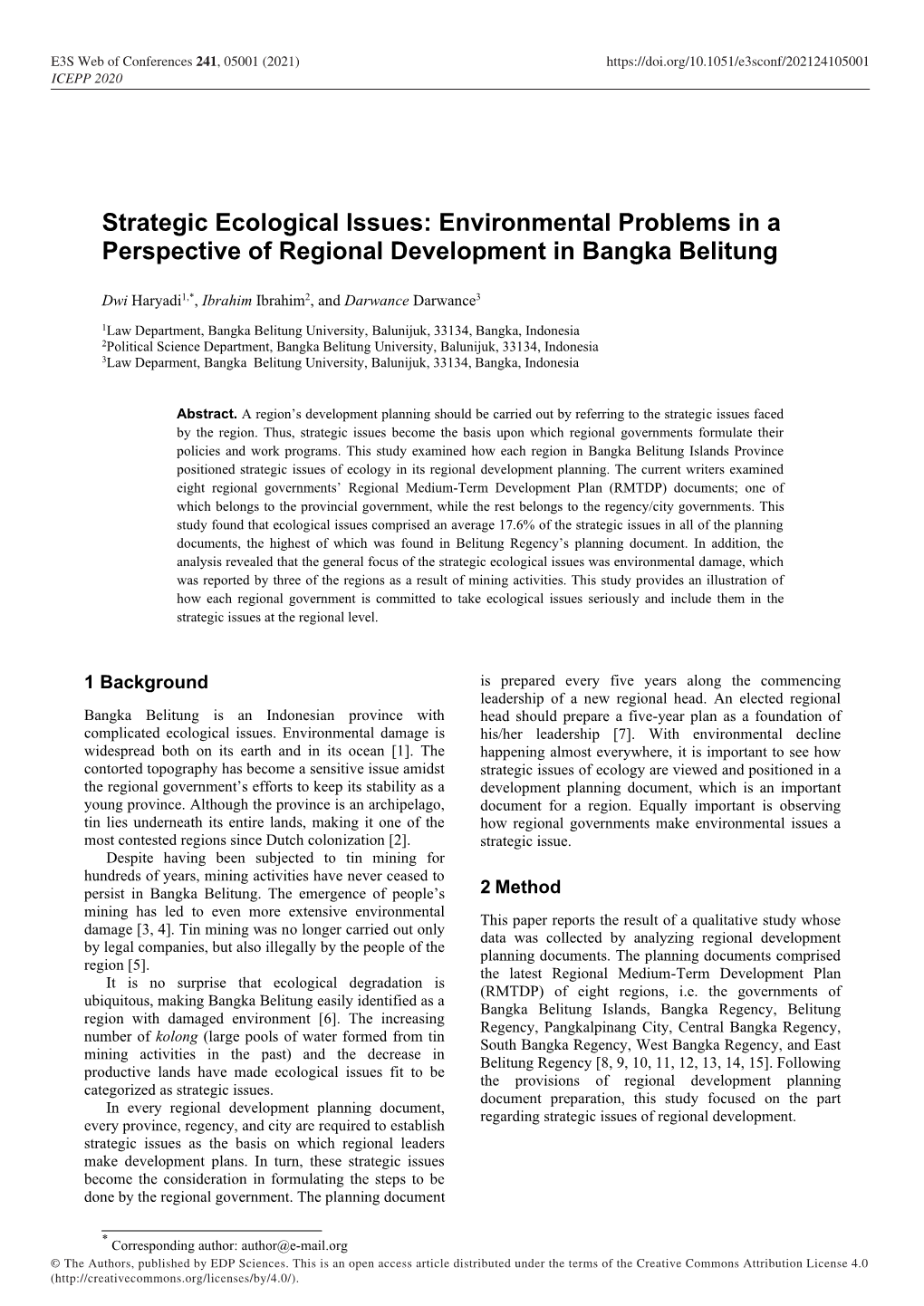 Environmental Problems in a Perspective of Regional Development in Bangka Belitung