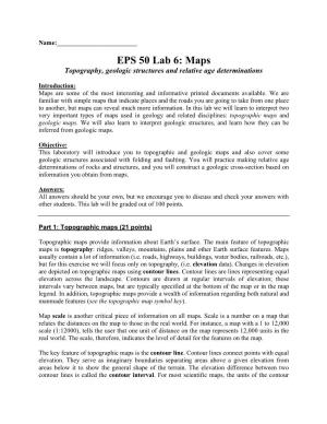 EPS 50 Lab 6: Maps Topography, Geologic Structures and Relative Age Determinations
