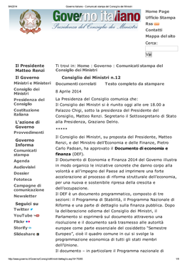 Consiglio Dei Ministri N.12 Il Presidente Matteo Renzi Il Governo L