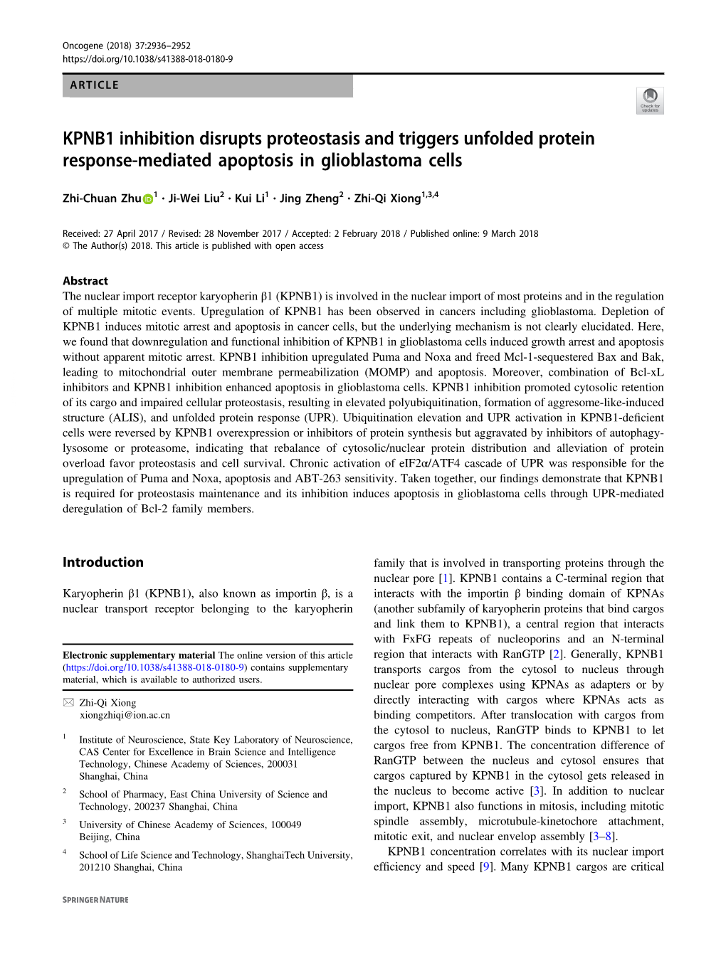 KPNB1 Inhibition Disrupts Proteostasis and Triggers Unfolded Protein Response-Mediated Apoptosis in Glioblastoma Cells