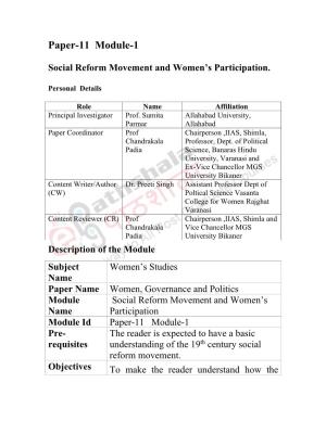 Paper-11 Module-1 Social Reform Movement and Women's