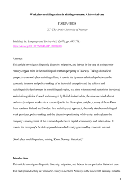 1 Workplace Multilingualism in Shifting Contexts: a Historical Case
