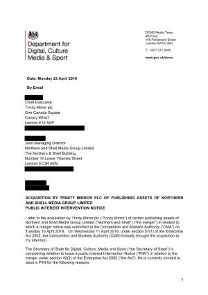 Letter from DCMS to Trinity Mirror and Northern & Shell