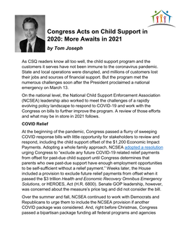 Congress Acts on Child Support in 2020: More Awaits in 2021 by Tom Joseph