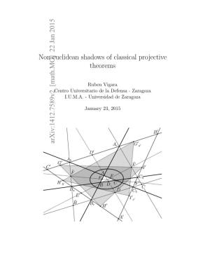 Non-Euclidean Shadows of Classical Projective Theorems Arxiv