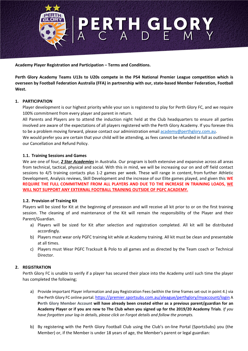 Terms and Conditions. Perth Glory Academy Teams U13s To