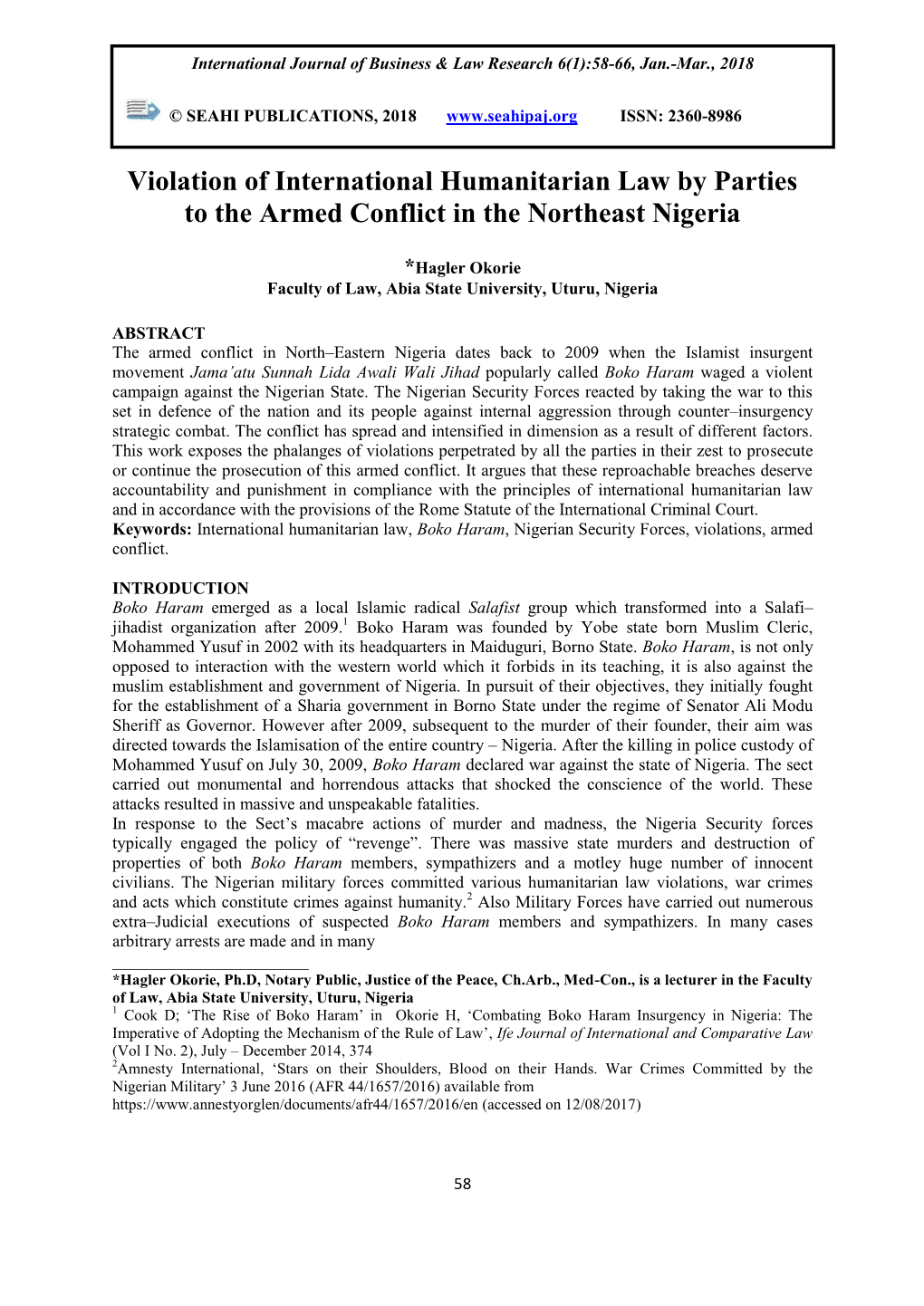 Violation of International Humanitarian Law by Parties to the Armed Conflict in the Northeast Nigeria