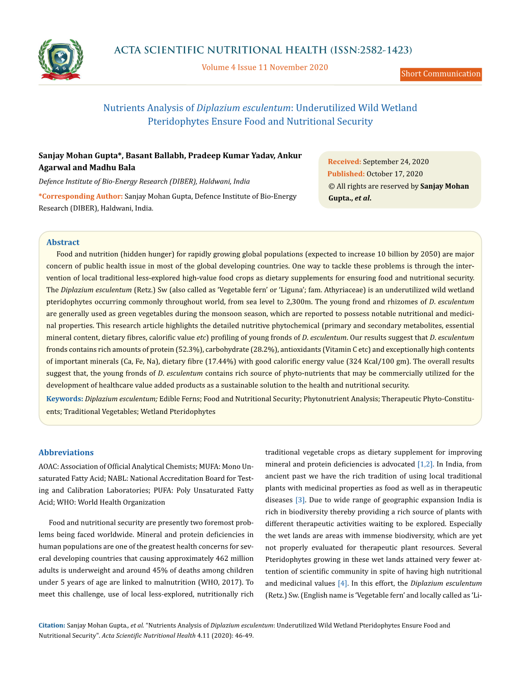 Nutrients Analysis of Diplazium Esculentum: Underutilized Wild Wetland Pteridophytes Ensure Food and Nutritional Security