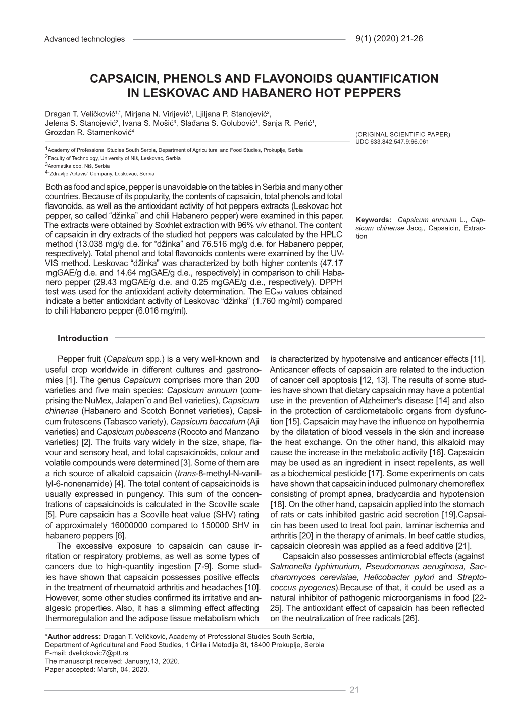 Capsaicin, Phenols and Flavonoids Quantification in Leskovac and Habanero Hot Peppers