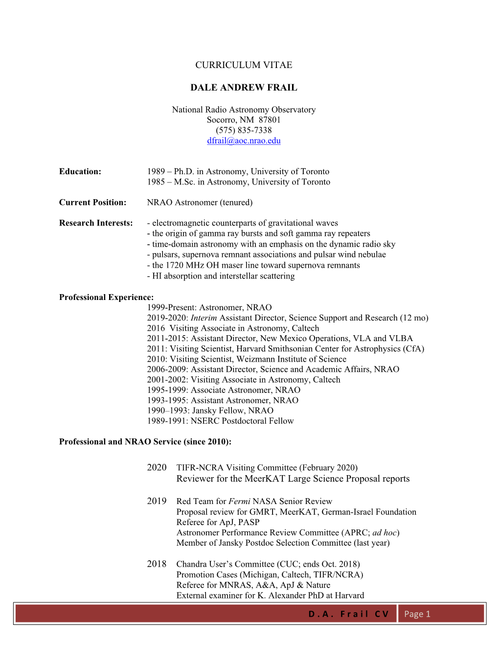 D.A. Frail CV Page 1 CURRICULUM VITAE DALE ANDREW FRAIL