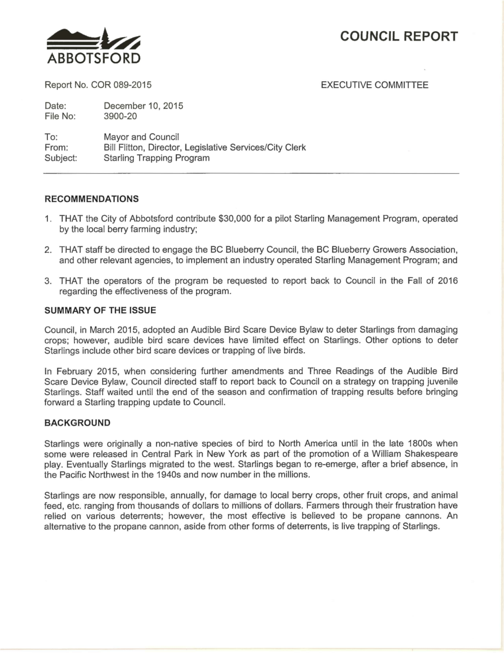 COR 089-2015, Starling Trapping Program