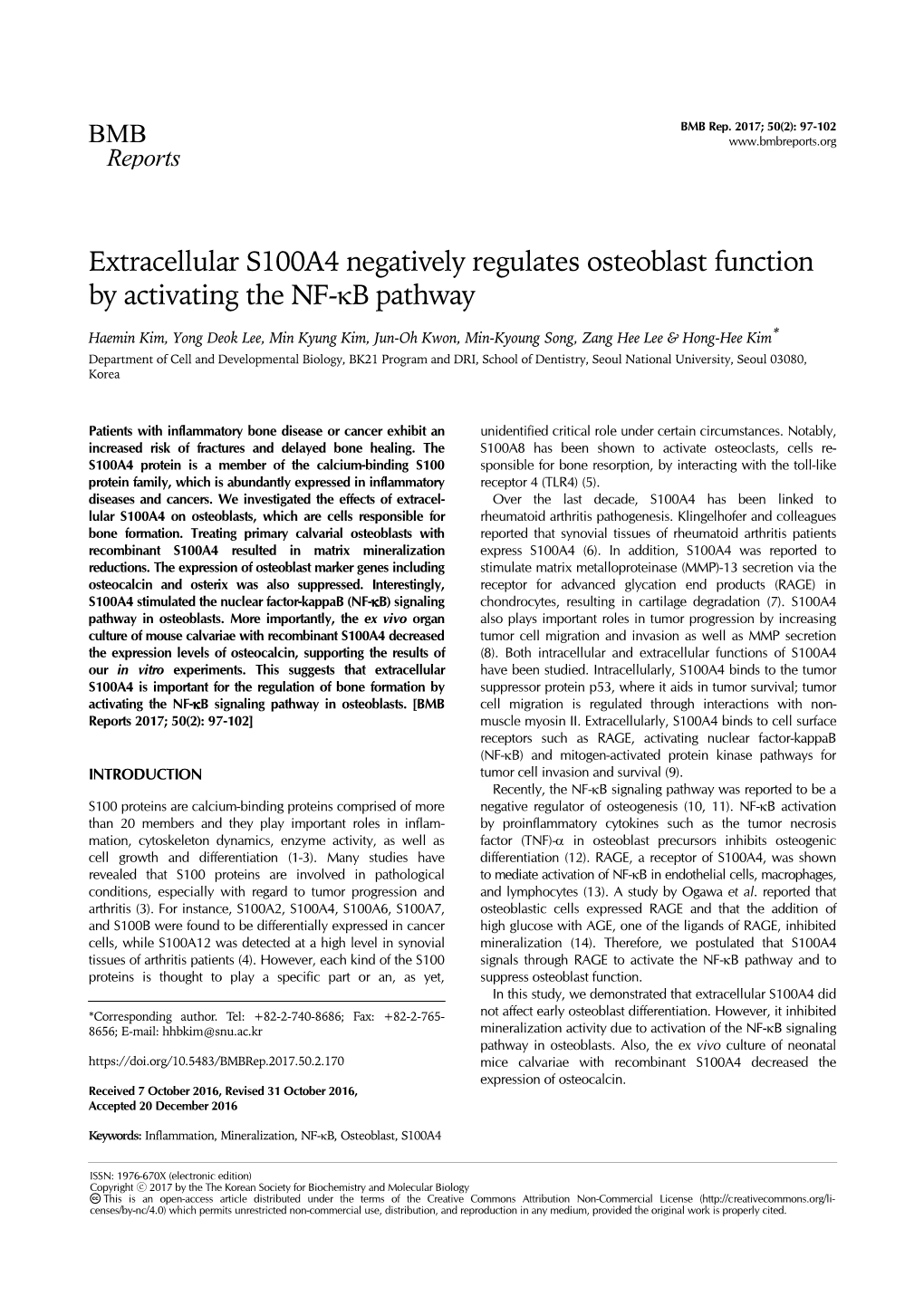 Extracellular S100A4 Negatively Regulates Osteoblast Function by Activating the NF-B Pathway