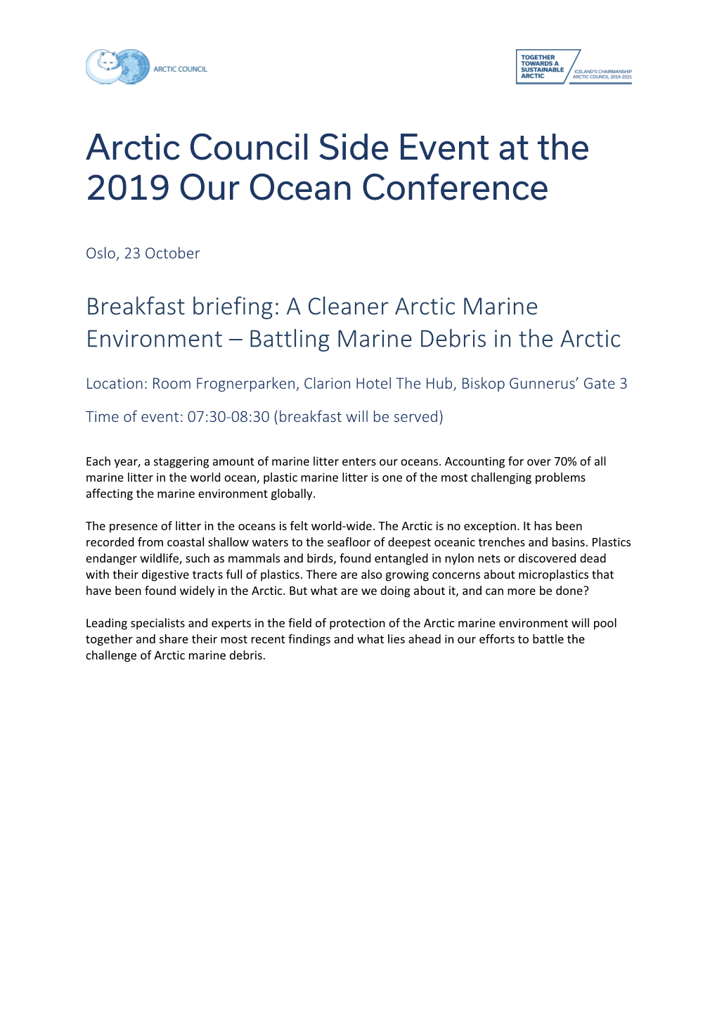 Arctic Council Side Event at the 2019 Our Ocean Conference