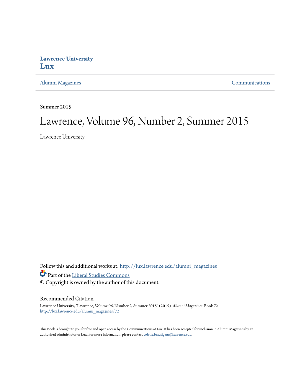 Lawrence, Volume 96, Number 2, Summer 2015 Lawrence University