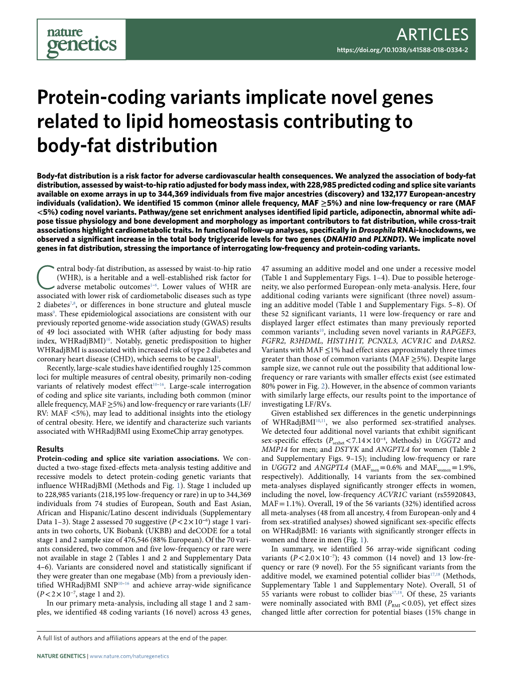 Protein-Coding Variants Implicate Novel Genes Related to Lipid Homeostasis Contributing to Body-Fat Distribution