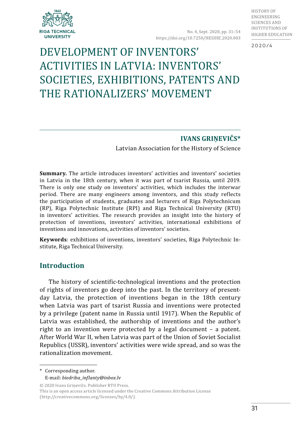 Inventors' Societies, Exhibitions, Patents and the Rationalizers
