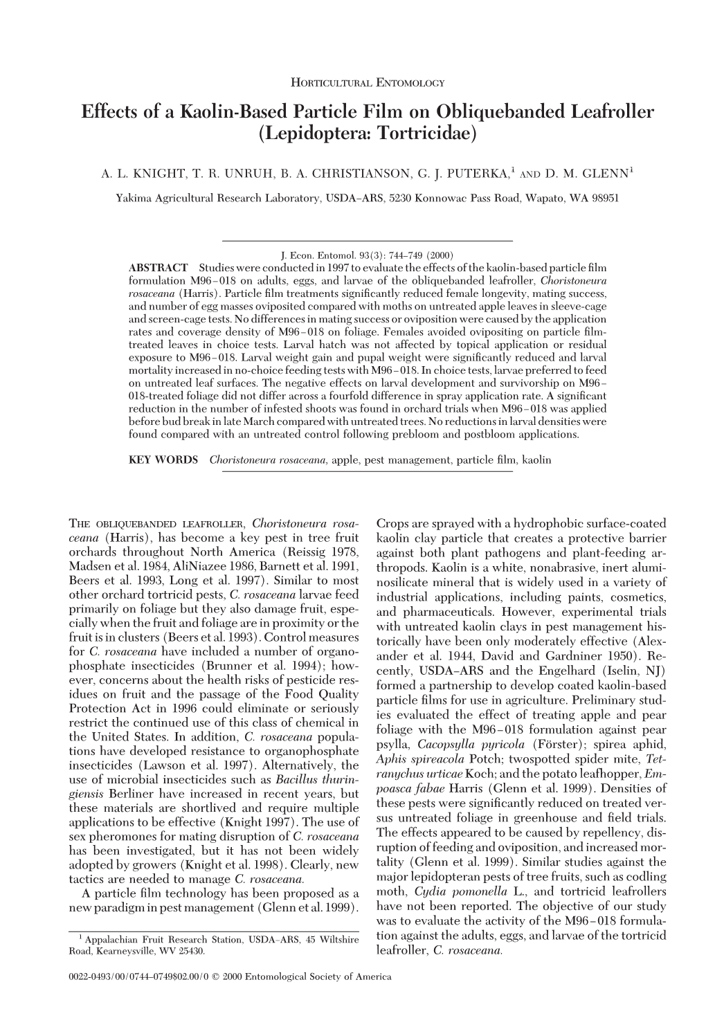 Effects of a Kaolin-Based Particle Film on Obliquebanded Leafroller (Lepidoptera: Tortricidae)