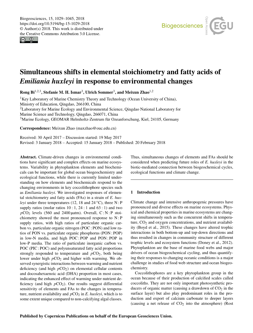 Simultaneous Shifts in Elemental Stoichiometry and Fatty Acids of Emiliania Huxleyi in Response to Environmental Changes