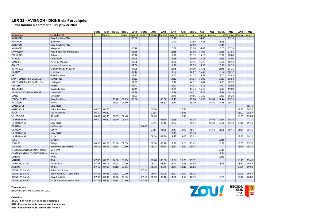 LER 22 - AVIGNON - DIGNE Via Forcalquier Fiche Horaire À Compter Du 01 Janvier 2021