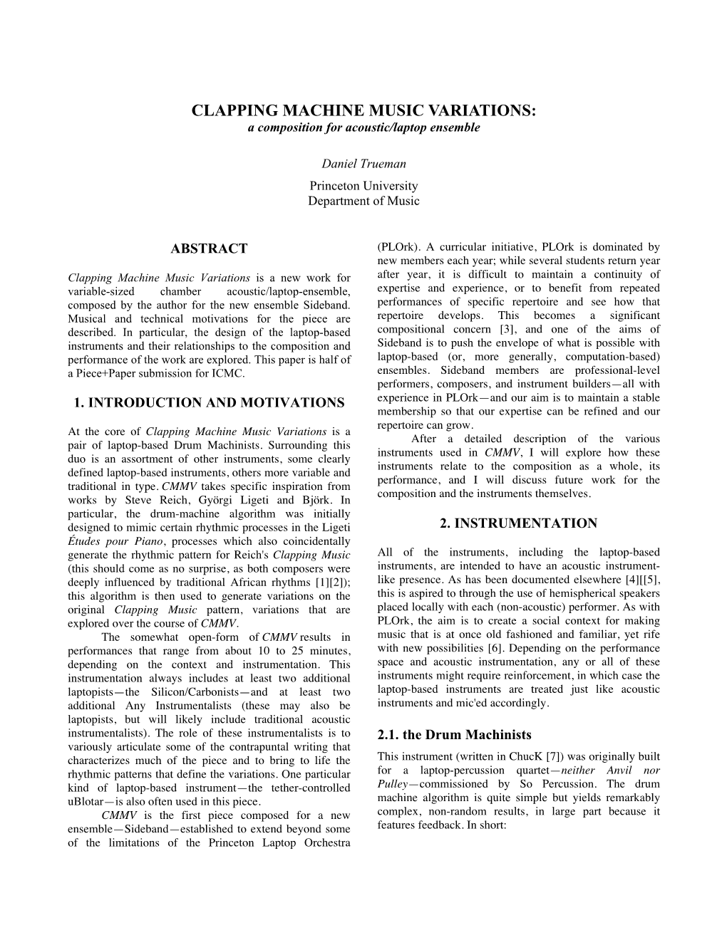 CLAPPING MACHINE MUSIC VARIATIONS: a Composition for Acoustic/Laptop Ensemble