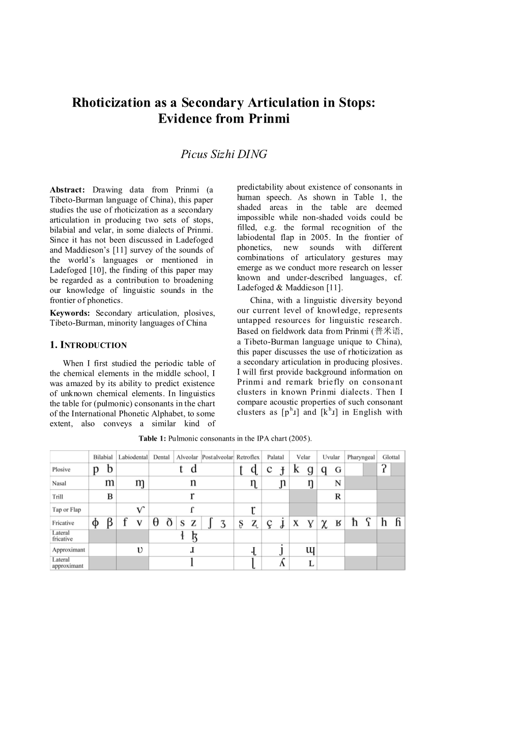 Rhoticization As a Secondary Articulation in Stops: Evidence from Prinmi