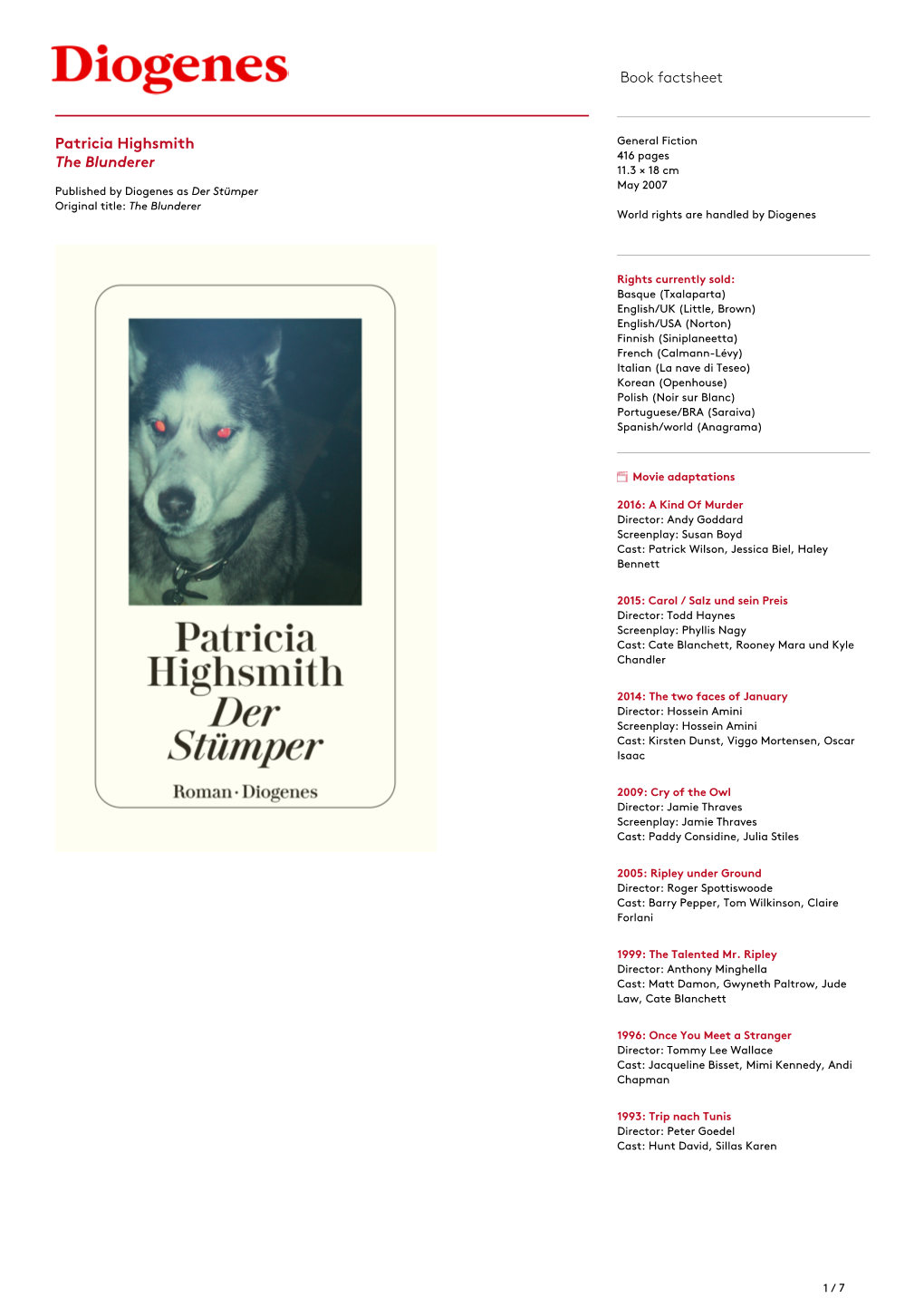 Book Factsheet Patricia Highsmith the Blunderer