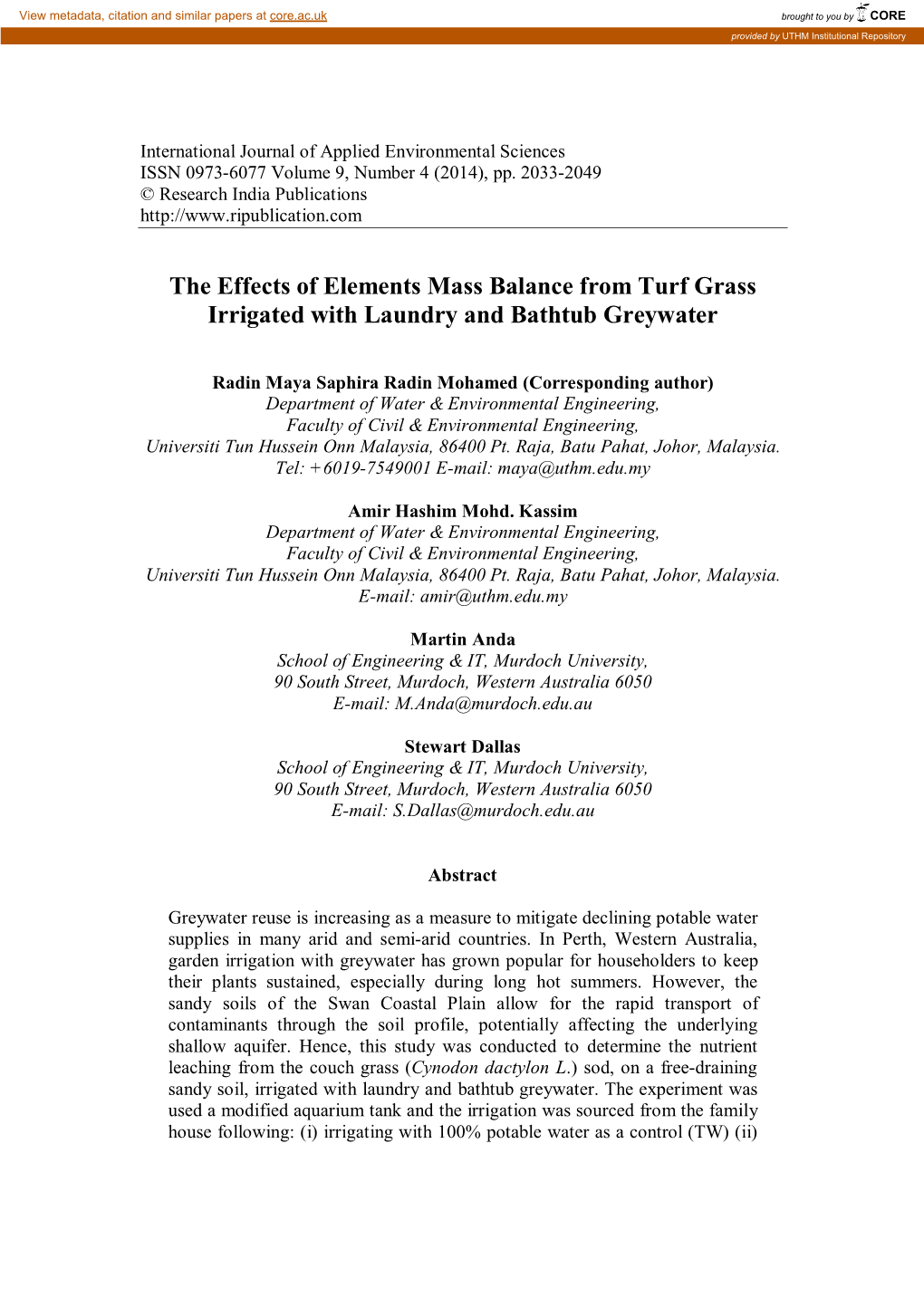 The Effects of Elements Mass Balance from Turf Grass Irrigated with Laundry and Bathtub Greywater