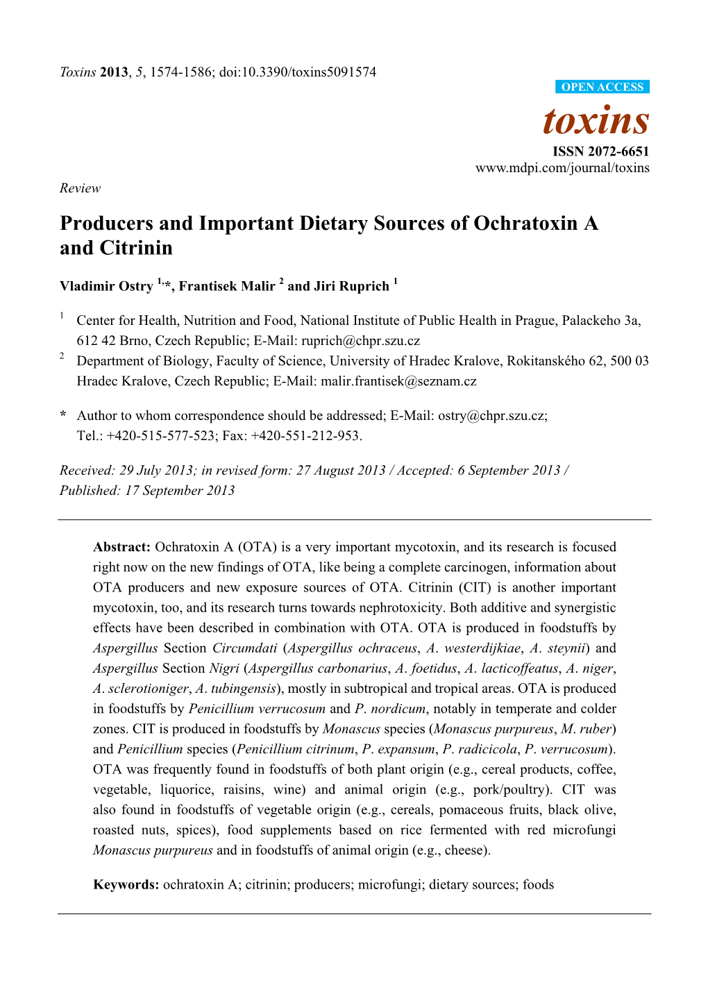 Producers and Important Dietary Sources of Ochratoxin a and Citrinin